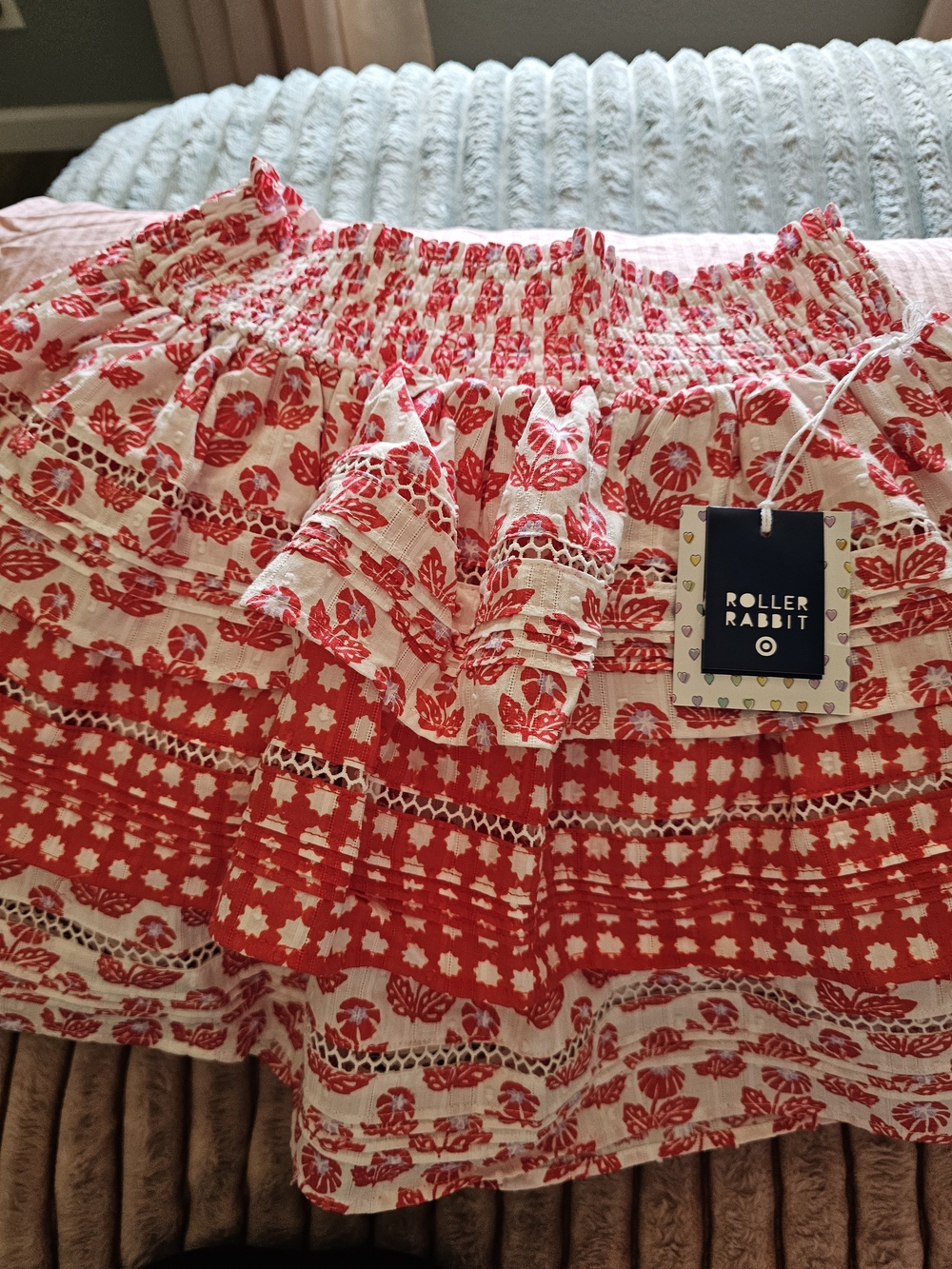 Roller Rabbit Red & White Printed Ruffle Midi Skirt